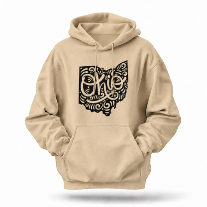 Ohio Map Swirl Hand Lettering Folk Art Hoodie
