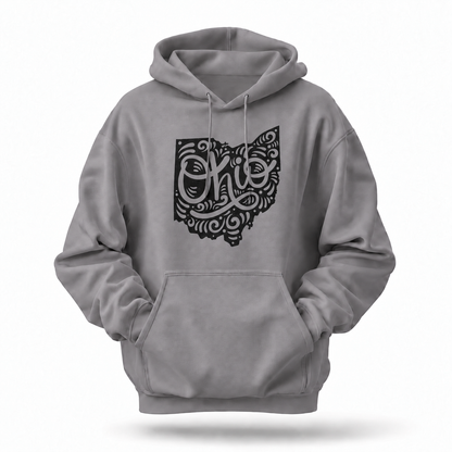Ohio Map Swirl Hand Lettering Folk Art Hoodie