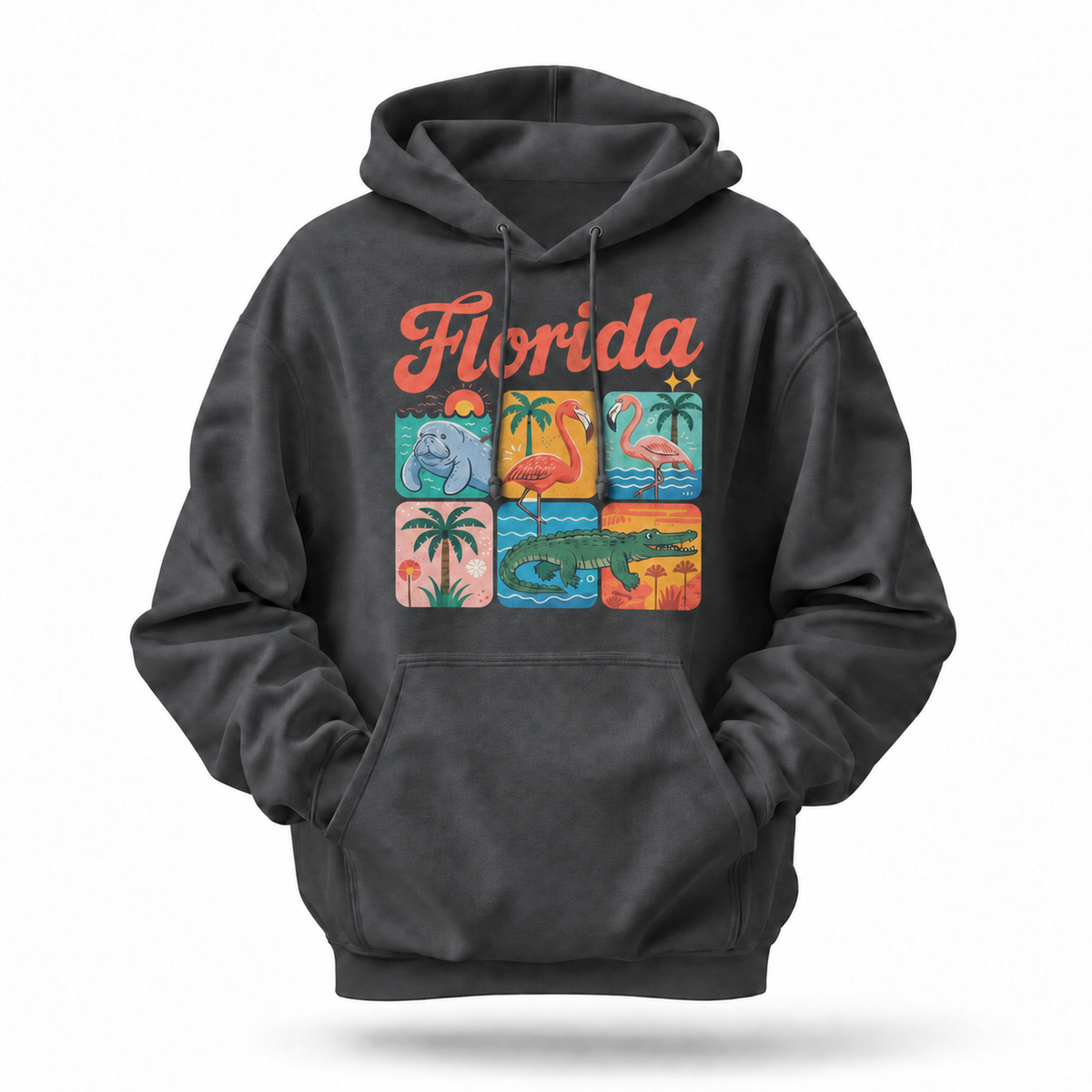 Florida Retro Wildlife Manatee Flamingo Alligator Grid Hoodie