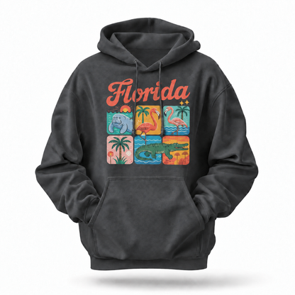 Florida Retro Wildlife Manatee Flamingo Alligator Grid Hoodie