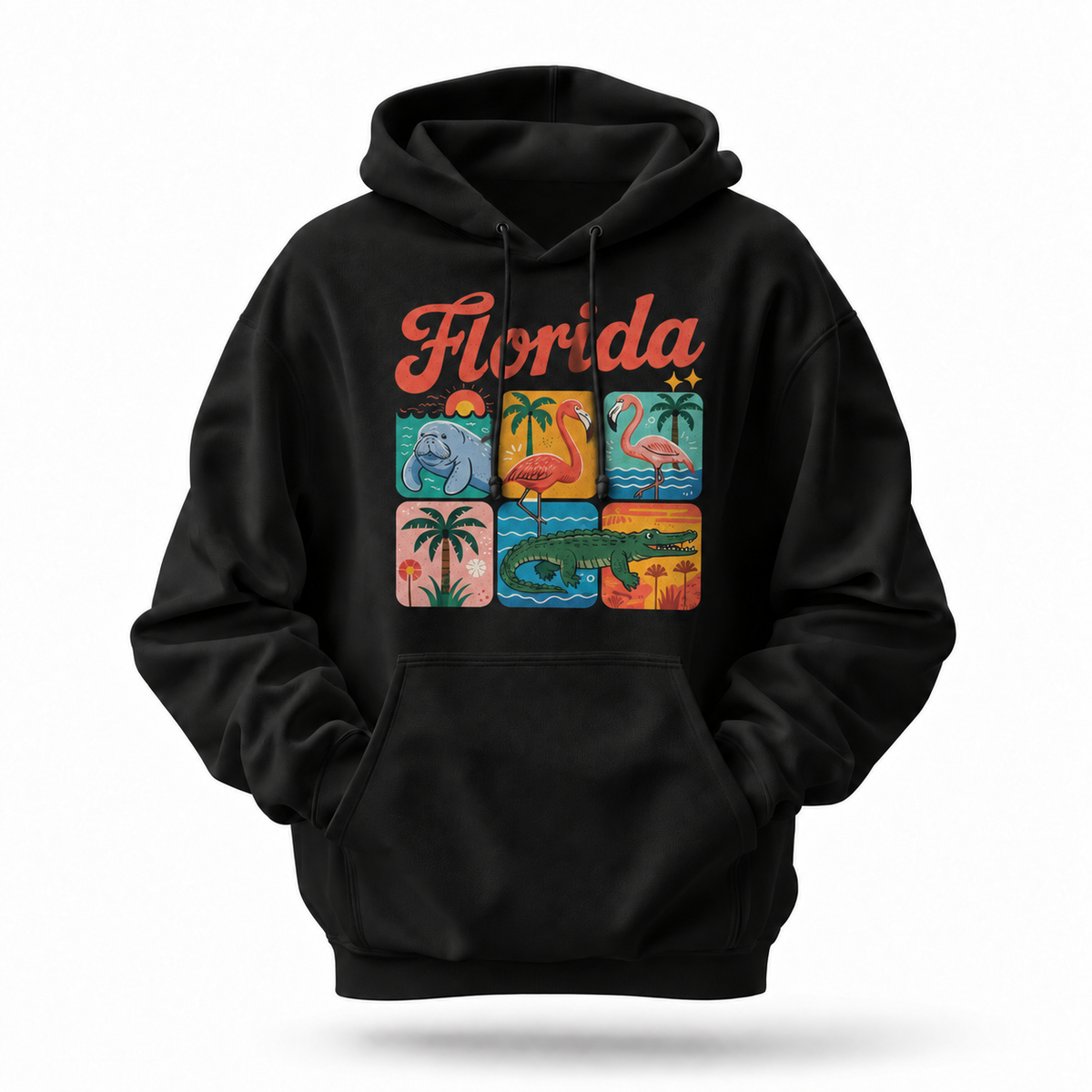 Florida Retro Wildlife Manatee Flamingo Alligator Grid Hoodie