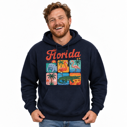 Florida Retro Wildlife Manatee Flamingo Alligator Grid Hoodie