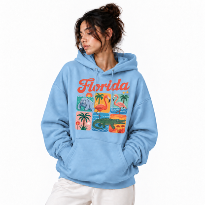 Florida Retro Wildlife Manatee Flamingo Alligator Grid Hoodie
