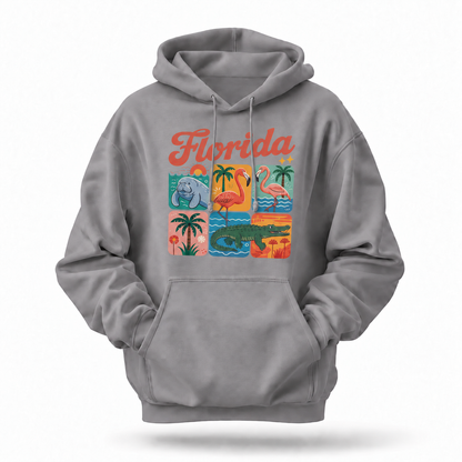Florida Retro Wildlife Manatee Flamingo Alligator Grid Hoodie