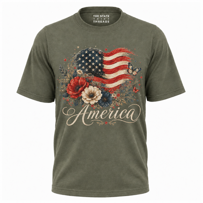 America Floral Flag Butterfly Patriotic Shirt