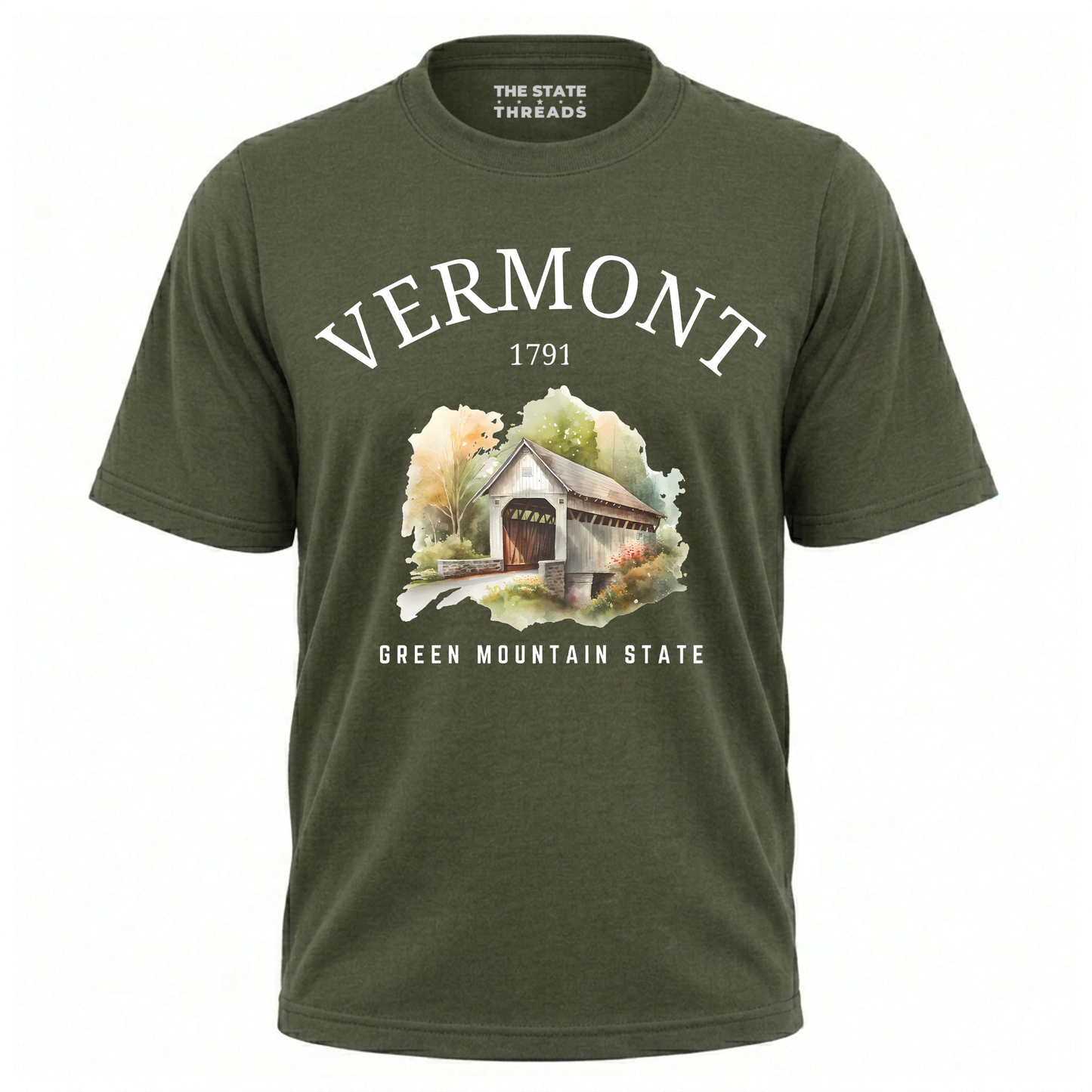 Vermont Green Mountain State Watercolor Covered Bridge Shirt