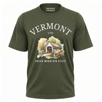 Vermont Green Mountain State Watercolor Covered Bridge Shirt