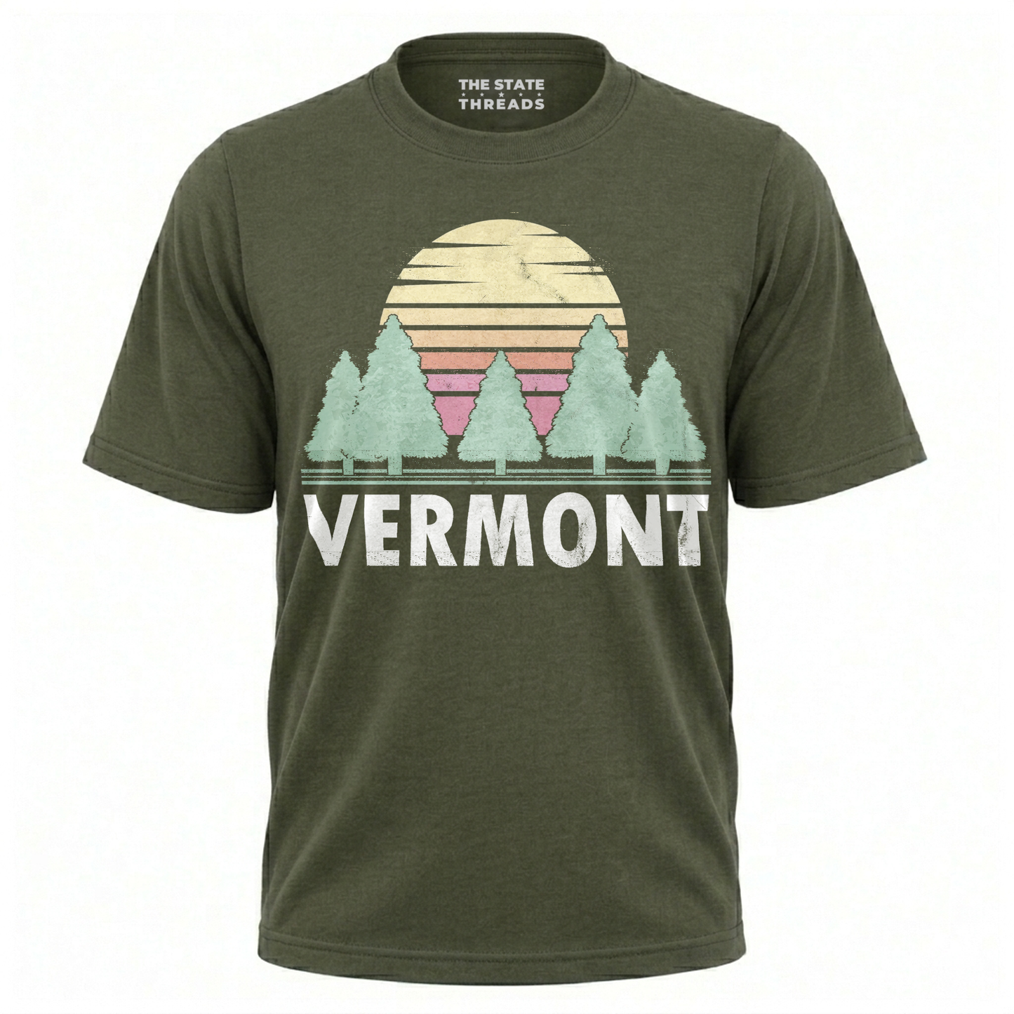 Vermont Retro Sunset Pine Trees Nature Hiking Shirt