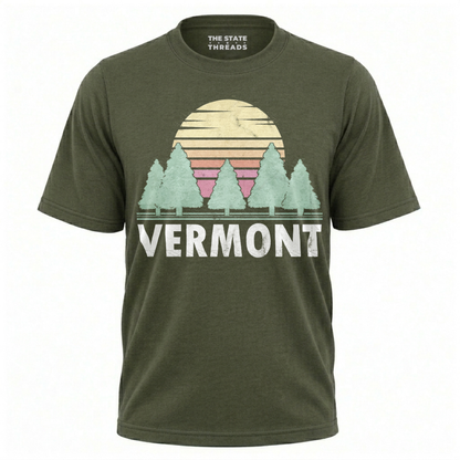 Vermont Retro Sunset Pine Trees Nature Hiking Shirt