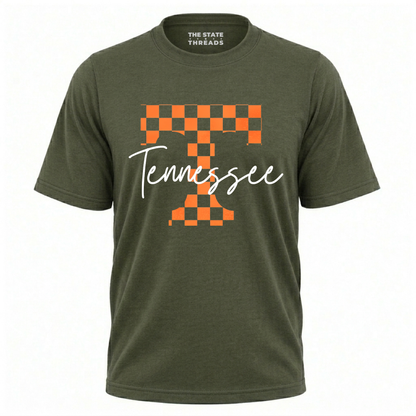 Tennessee Checkerboard Letter T Vintage Script Shirt