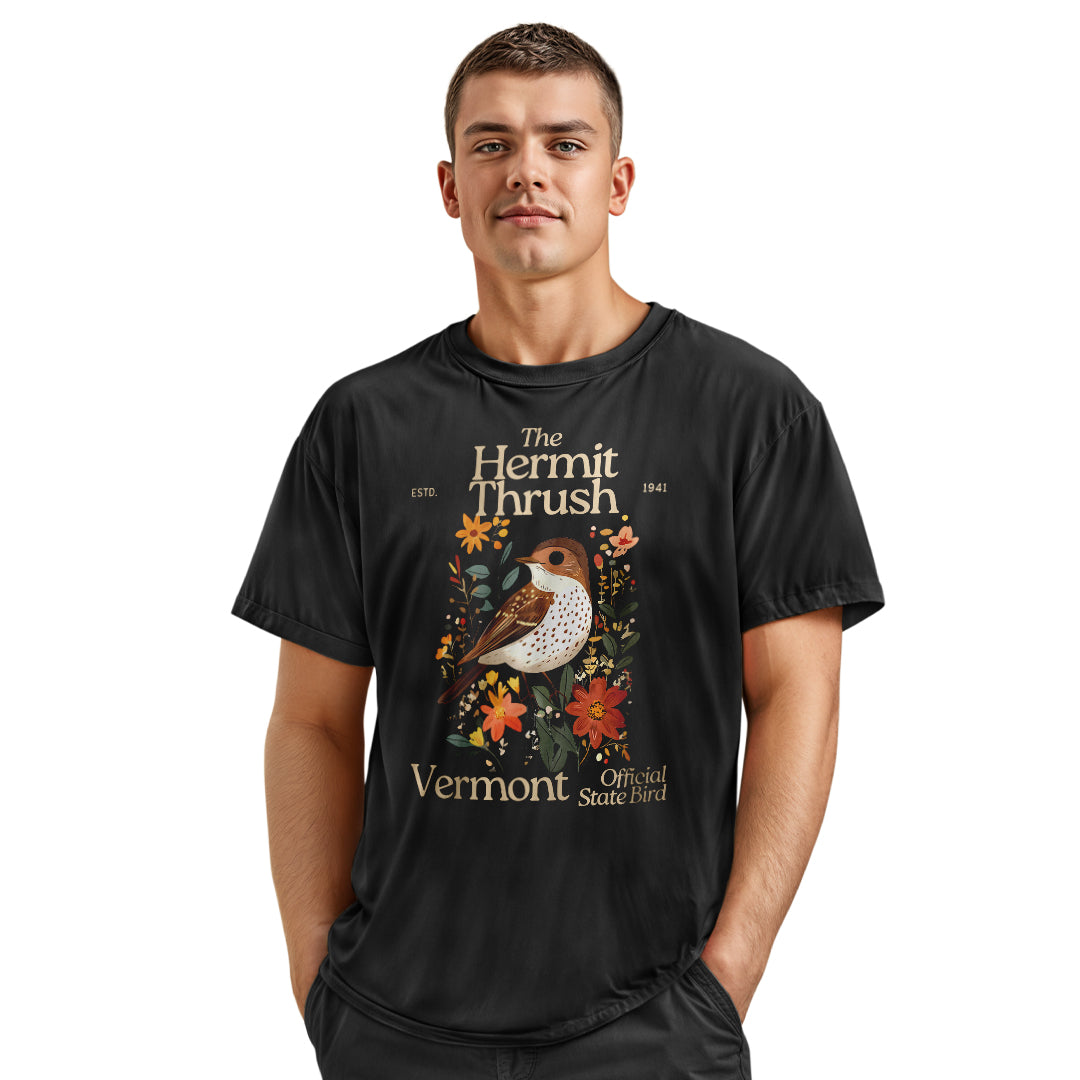 Vermont Hermit Thrush State Bird Vintage Floral Shirt