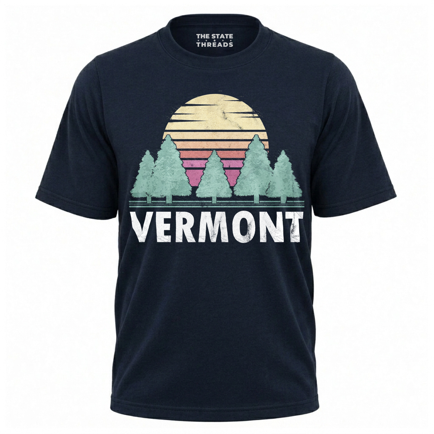 Vermont Retro Sunset Pine Trees Nature Hiking Shirt