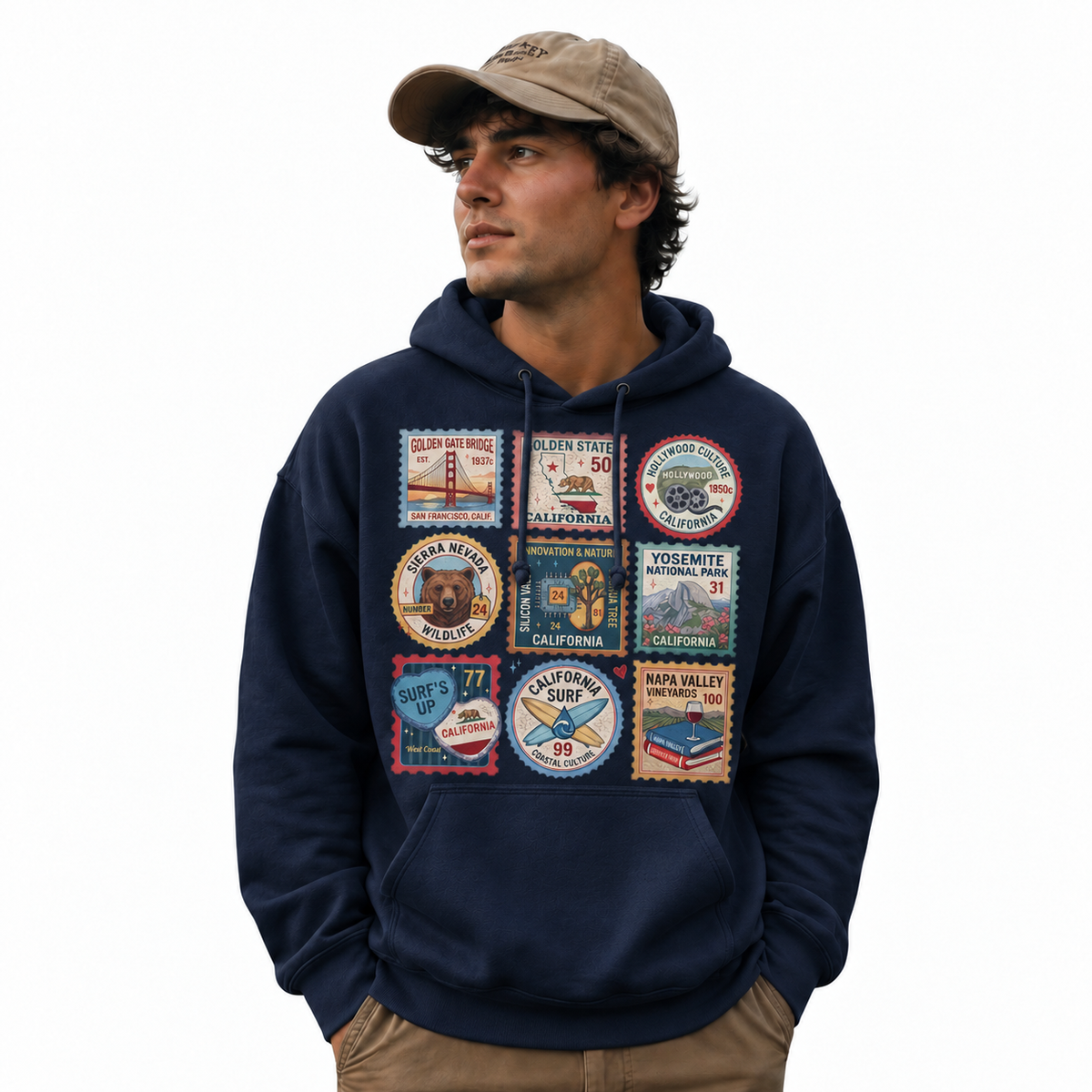 California Vintage Travel Stamps Landmarks Collage Hoodie