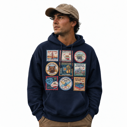 California Vintage Travel Stamps Landmarks Collage Hoodie