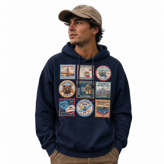 California Vintage Travel Stamps Landmarks Collage Hoodie