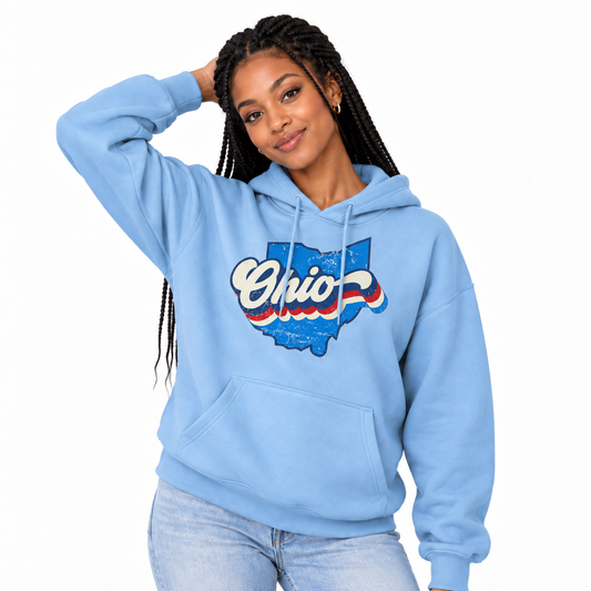 Ohio Retro Script Red White Blue State Map Hoodie