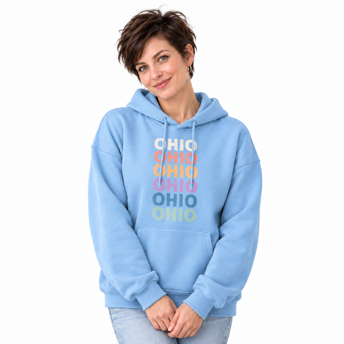 Ohio Retro Repeat Text Pastel Rainbow Stack Hoodie