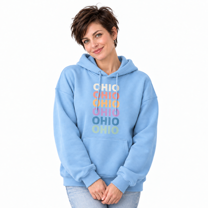 Ohio Retro Repeat Text Pastel Rainbow Stack Hoodie
