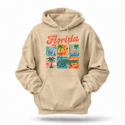 Florida Retro Wildlife Manatee Flamingo Alligator Grid Hoodie