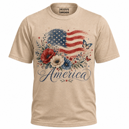 America Floral Flag Butterfly Patriotic Shirt