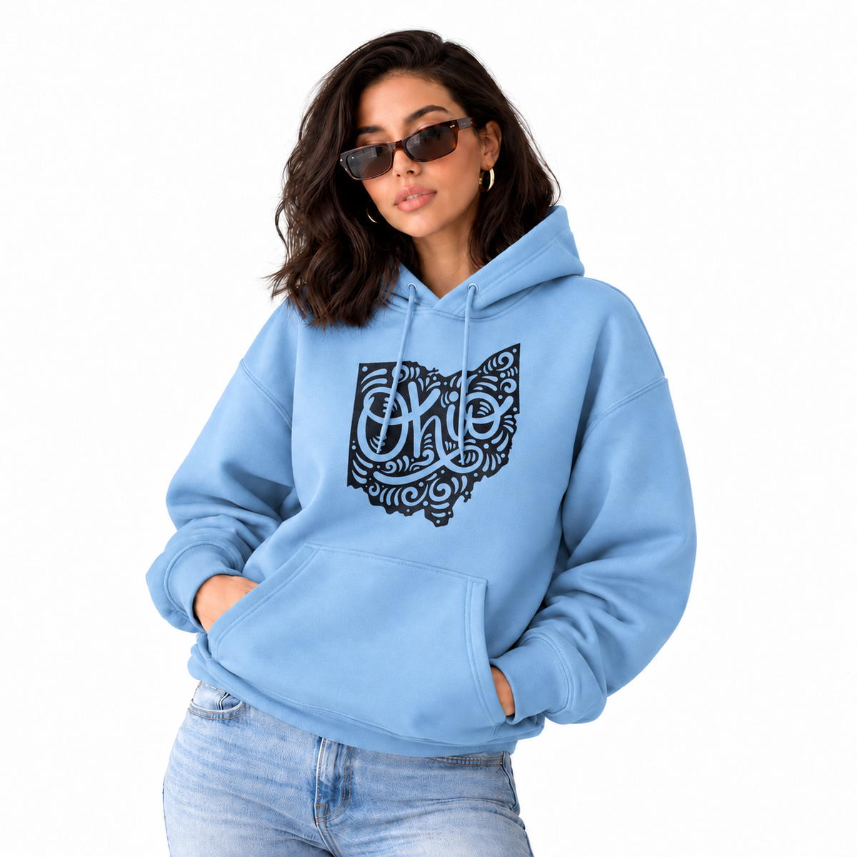 Ohio Map Swirl Hand Lettering Folk Art Hoodie