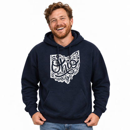 Ohio Map Swirl Hand Lettering Folk Art Hoodie