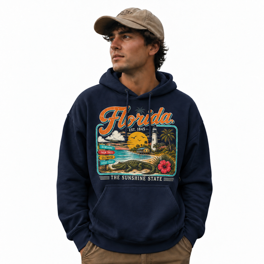 Florida Lighthouse Beach Signpost Gator Vintage Hoodie