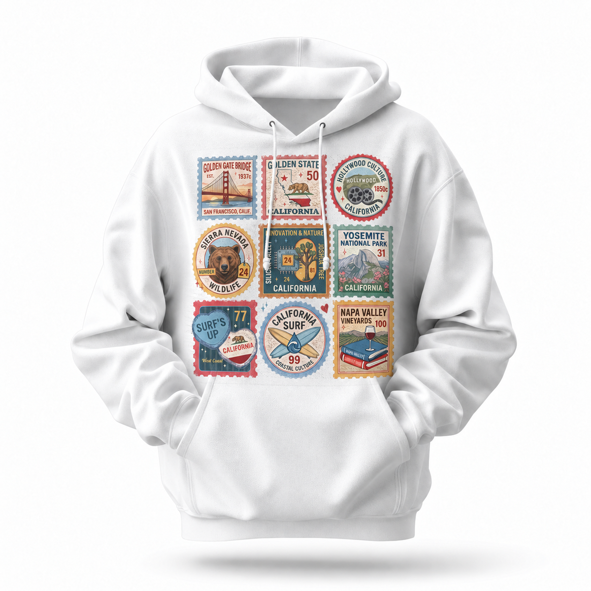 California Vintage Travel Stamps Landmarks Collage Hoodie