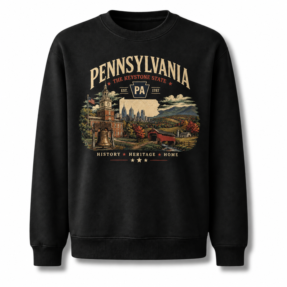 Pennsylvania Scenic Heritage Landscape Vintage Sweatshirt - Black