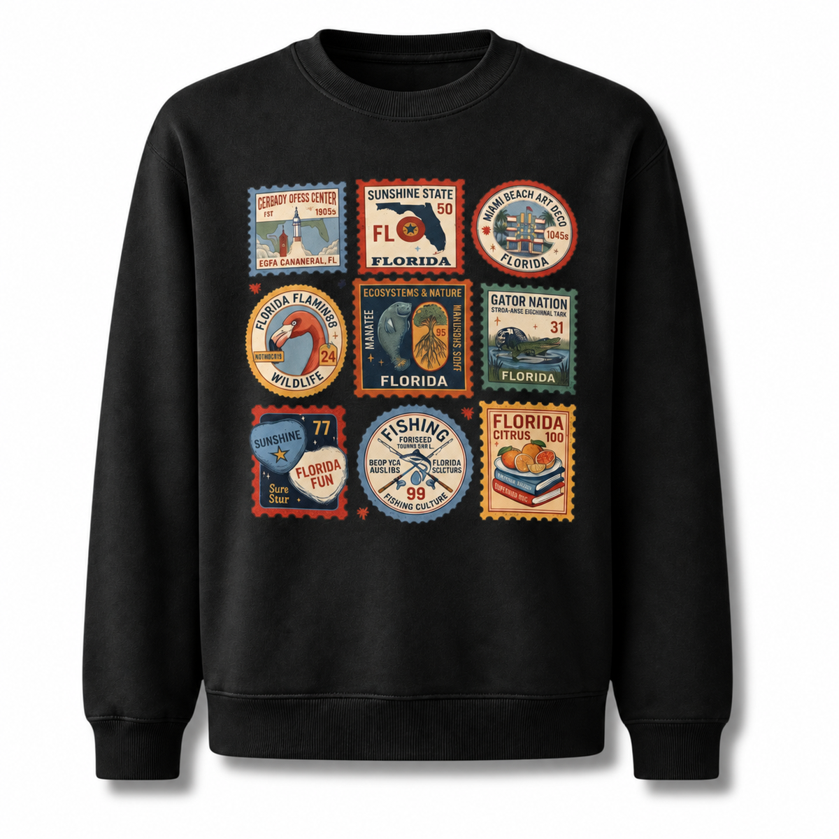Florida Vintage Travel Postage Stamps Collage Sweatshirt - Black