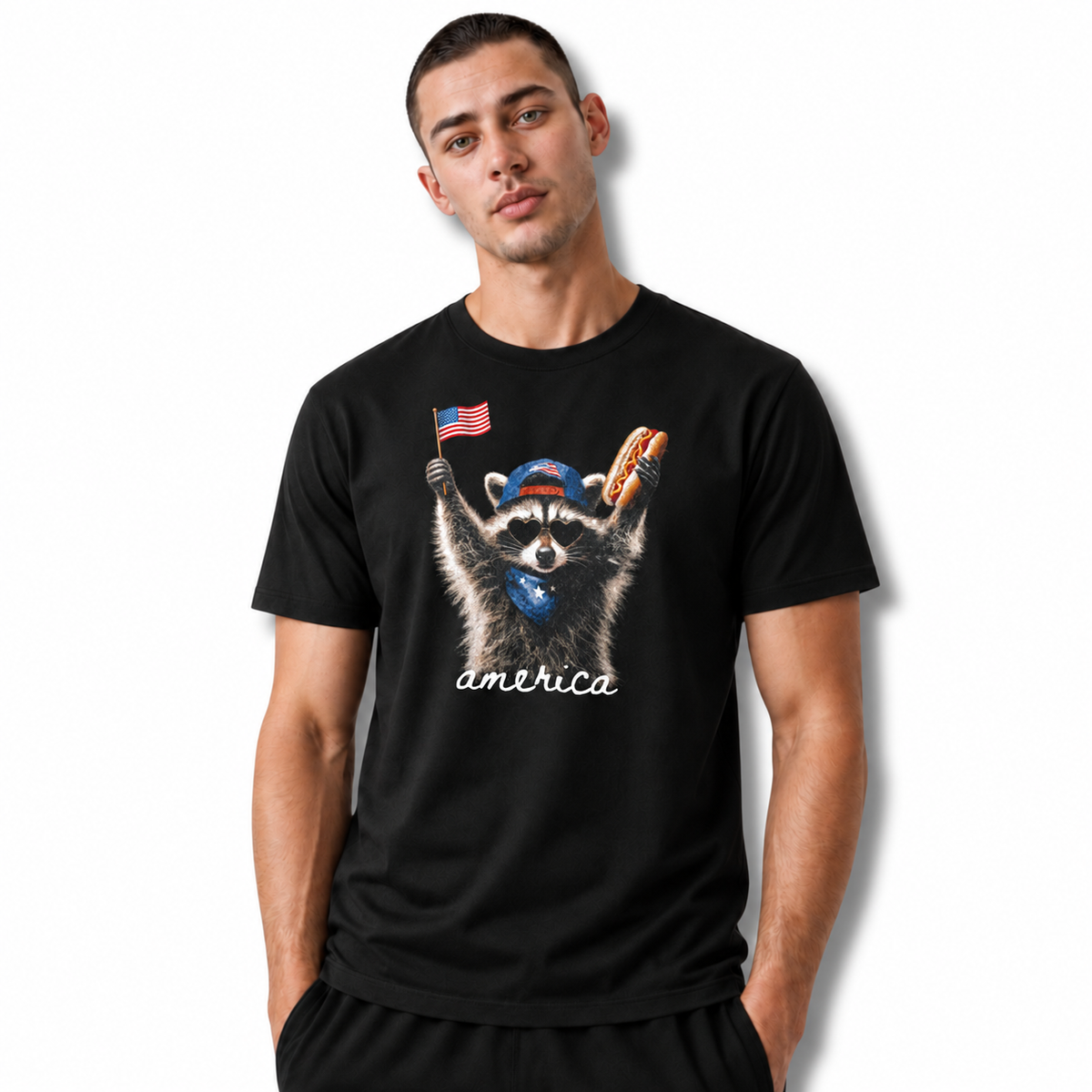 America Patriotic Raccoon Hot Dog Flag Graphic Shirt