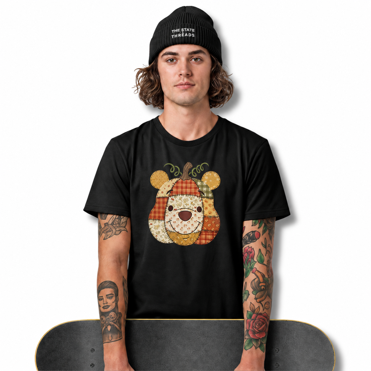 America Autumn Bear Patchwork Pumpkin Graphic Shirt