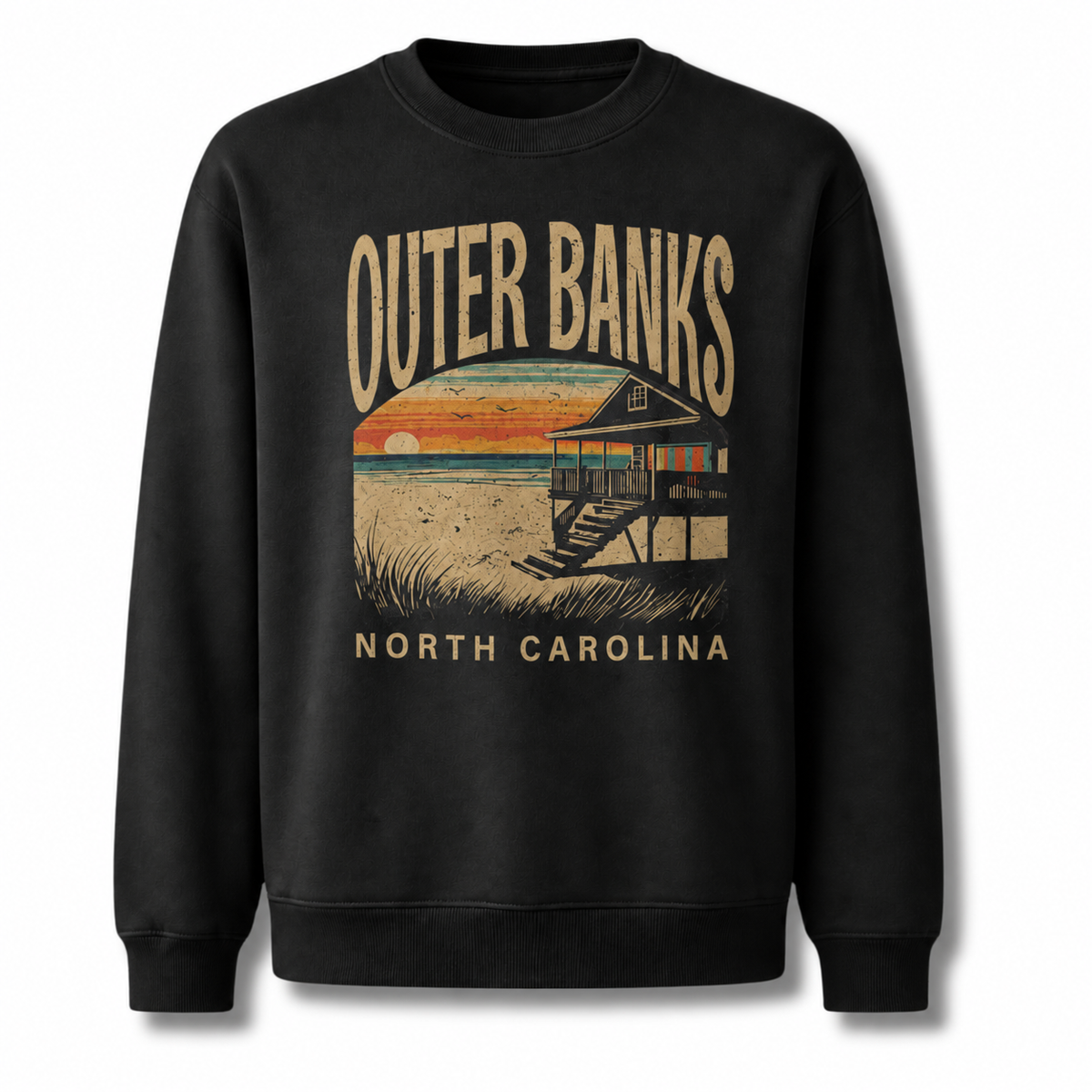 Outer Banks North Carolina Coastal Landscape Vintage Sweatshirt - Black