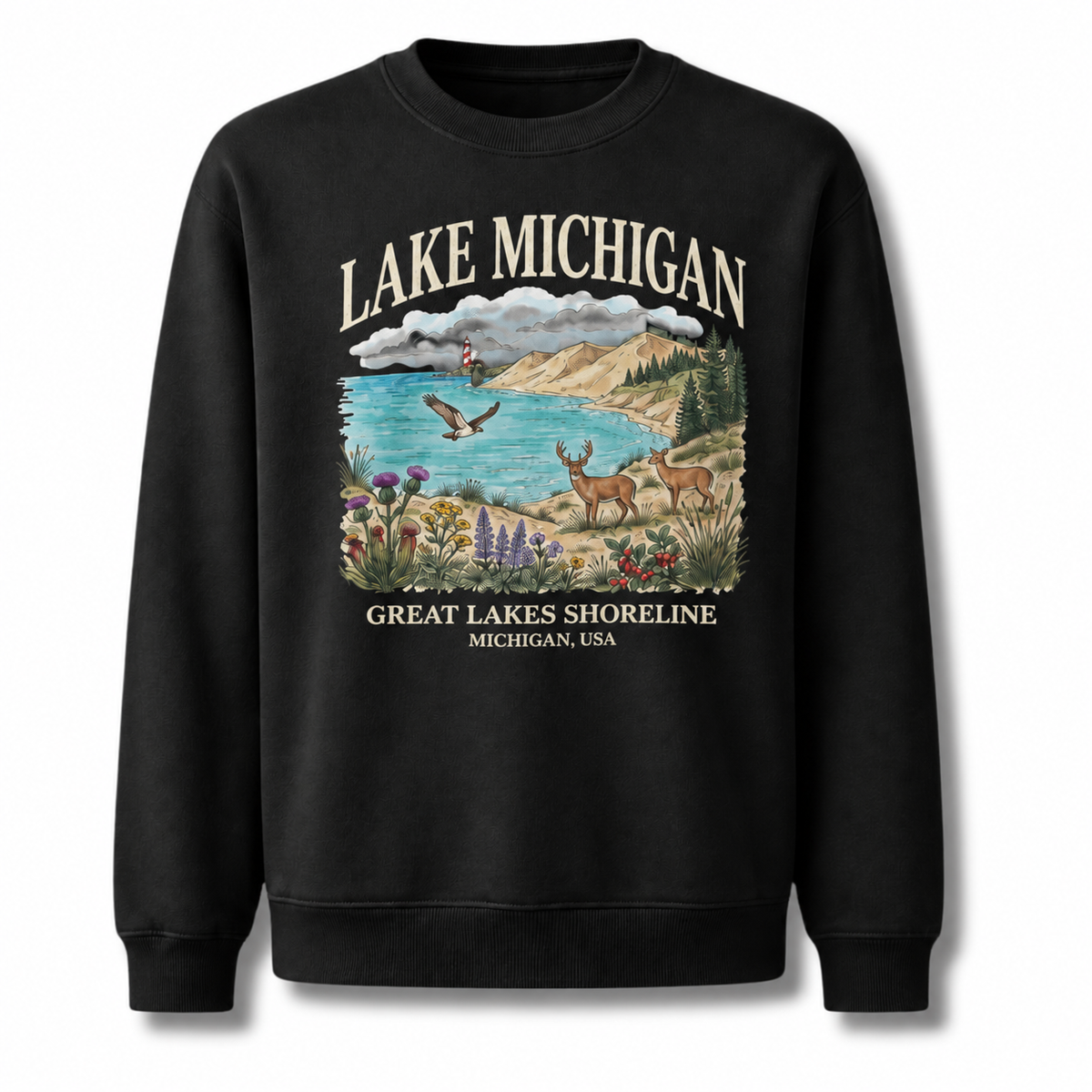 Lake Michigan Scenic Coastal Pine Vintage Sweatshirt - Black