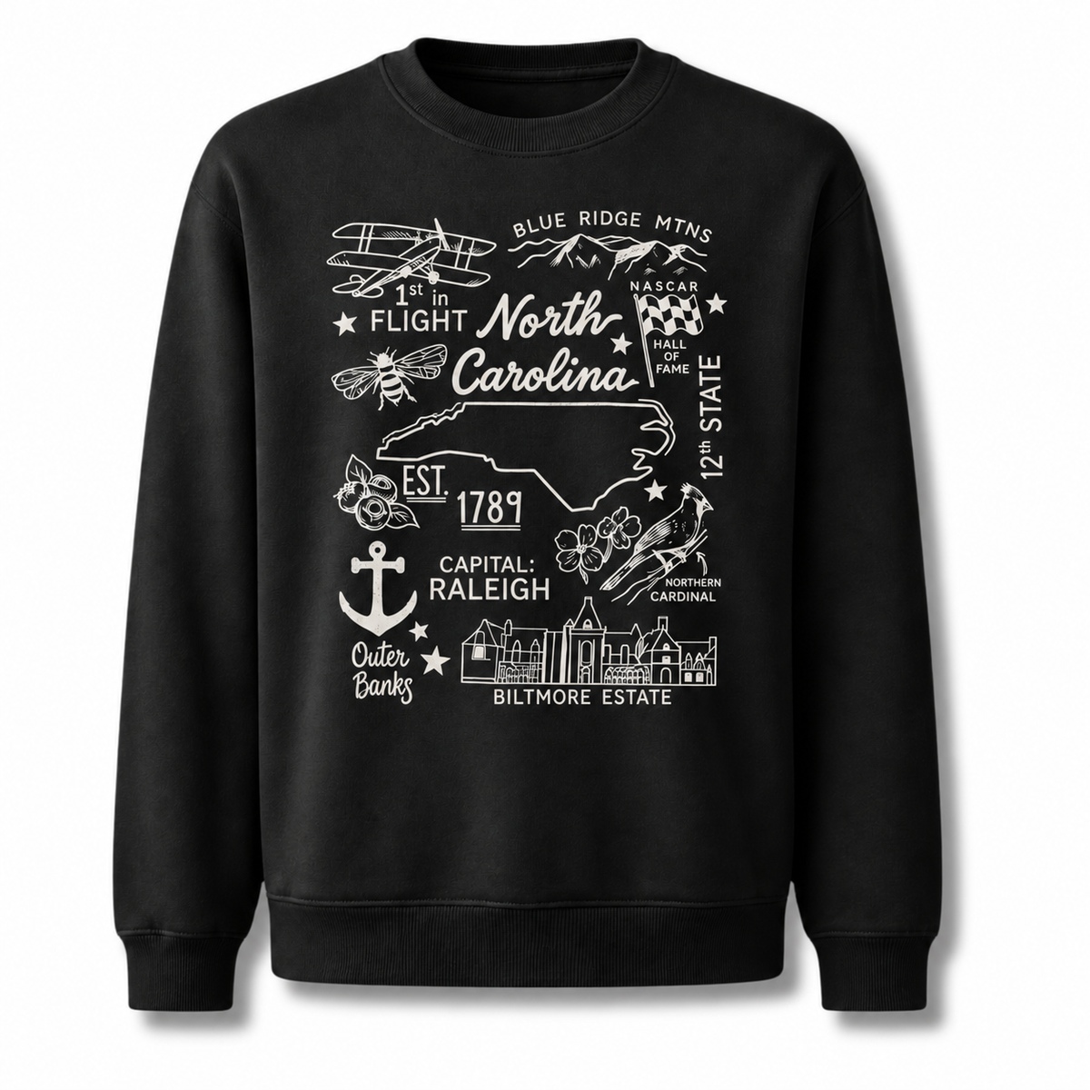 North Carolina Retro Arched Varsity Athletic Classic Sweatshirt - Black