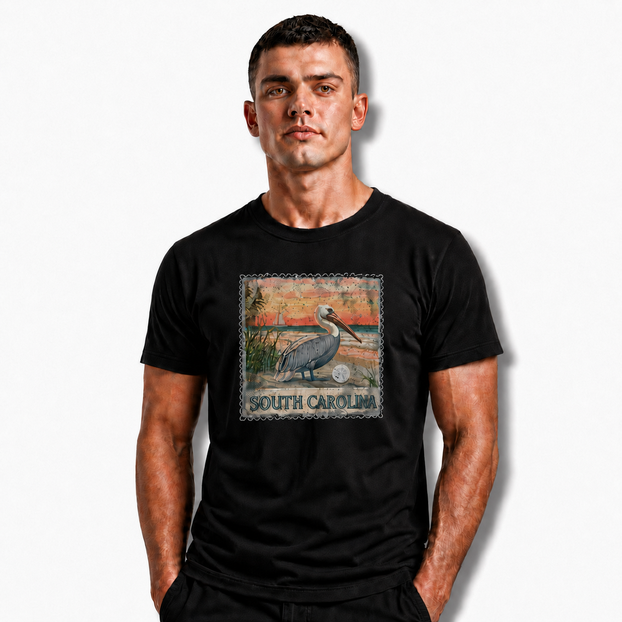 South Carolina Vintage Pelican Beach Stamp Shirt