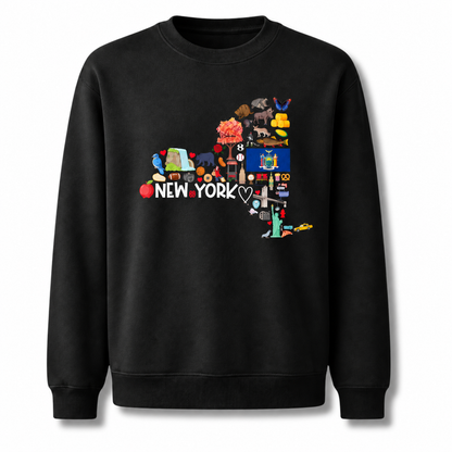 New York State Map Landmarks Icons Collage Sweatshirt - Black