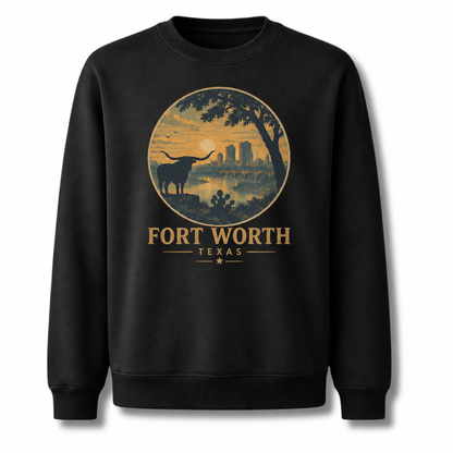 Fort Worth Texas Vintage Cityscape Heritage Graphic Sweatshirt - Black