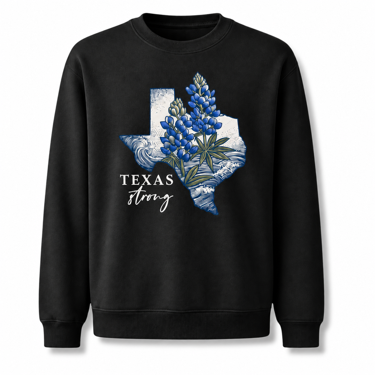 Texas Strong Bluebonnet Wildflower Botanical Vintage Distressed Sweatshirt - Black