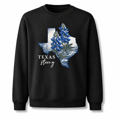 Texas Strong Bluebonnet Wildflower Botanical Vintage Distressed Sweatshirt - Black