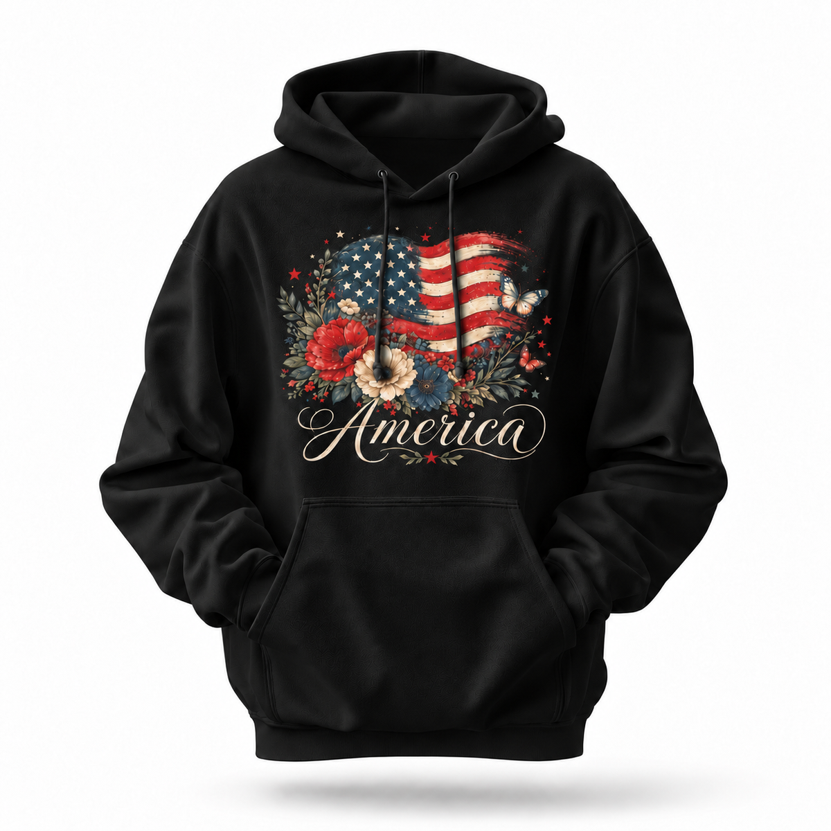 America Floral Butterfly Flag Vintage Hoodie