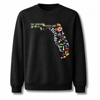 Florida Illustrated Landmarks Travel Map State Sweatshirt - Black