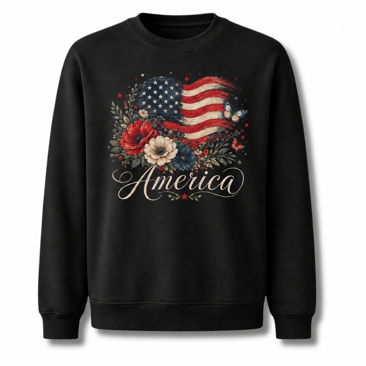 America Watercolor Floral Flag Butterfly Sweatshirt