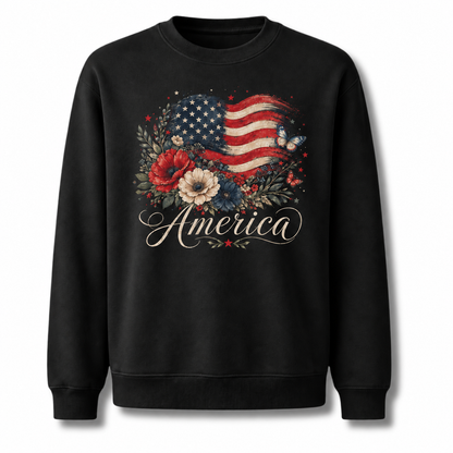 America Watercolor Floral Flag Butterfly Sweatshirt