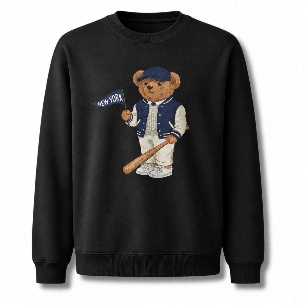 New York Baseball Teddy Bear Vintage Athletic Sweatshirt - Black