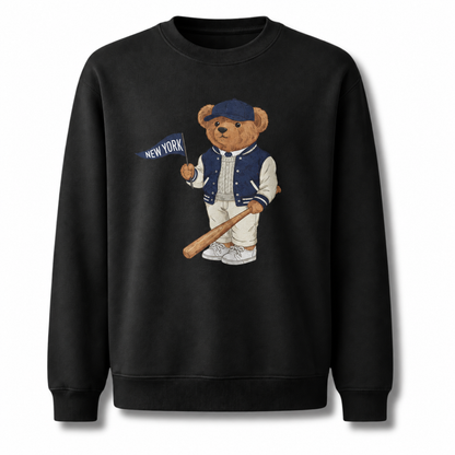New York Baseball Teddy Bear Vintage Athletic Sweatshirt - Black