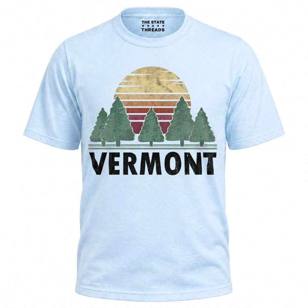 Vermont Retro Sunset Pine Trees Nature Hiking Shirt