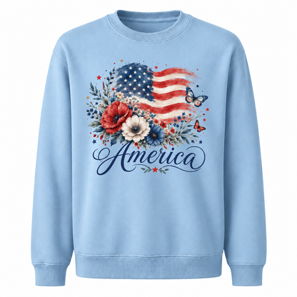 America Watercolor Floral Flag Butterfly Sweatshirt