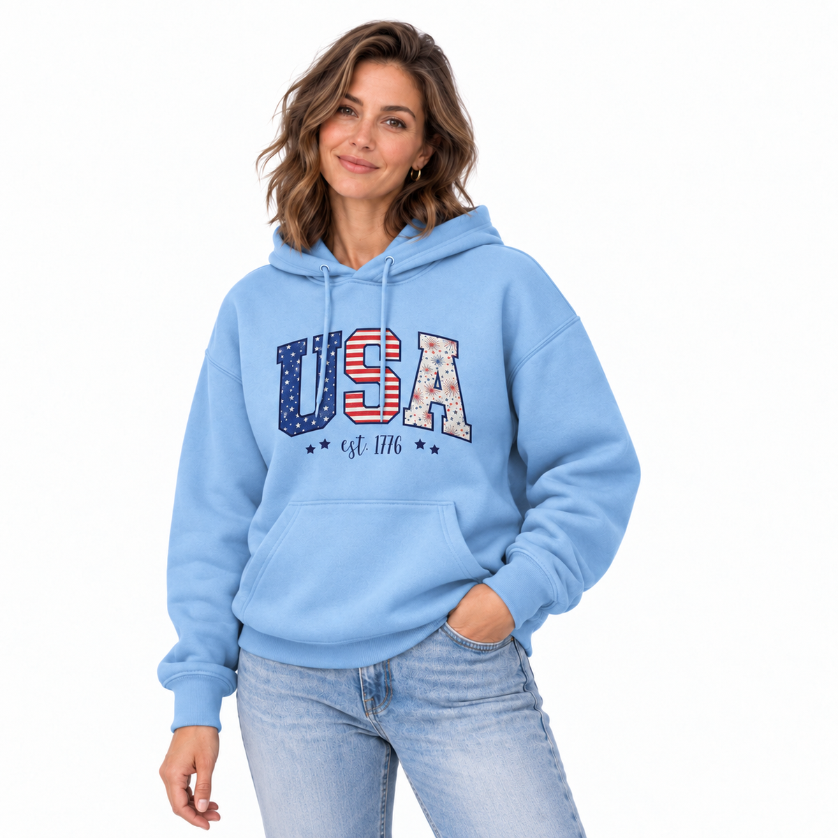 America Est 1776 Patriotic USA Flag Hoodie