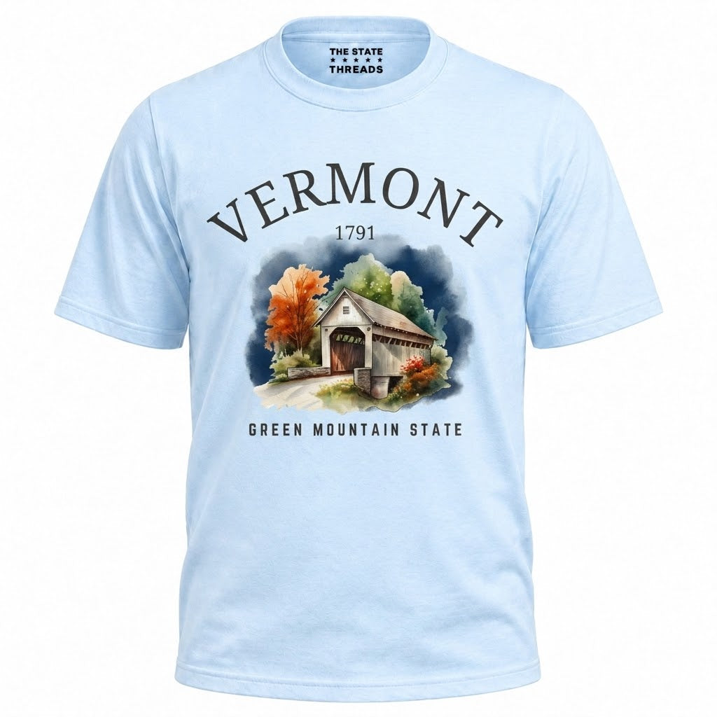 Vermont Green Mountain State Watercolor Covered Bridge Shirt
